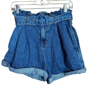 Made Cotton Belted Paperbag High Waist Light Wash Cuffed Hem Denim Jean Shorts 3
